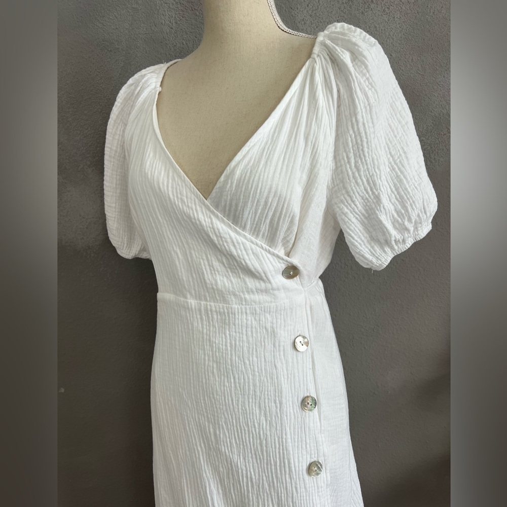 NEW CRESCENT rosarioi wrap midi dress- mother of Pearl buttons